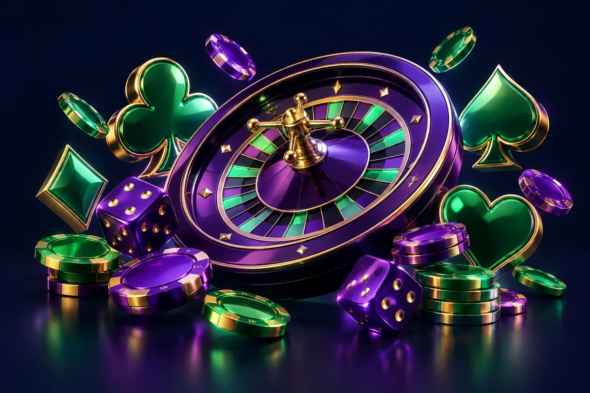 Roulette wheel, card suits, dice and chips representing the Jackbit casino lobby