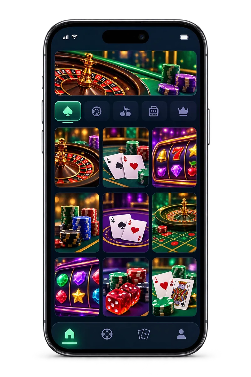 Smartphone displaying a dark casino game collection with green navigation icons